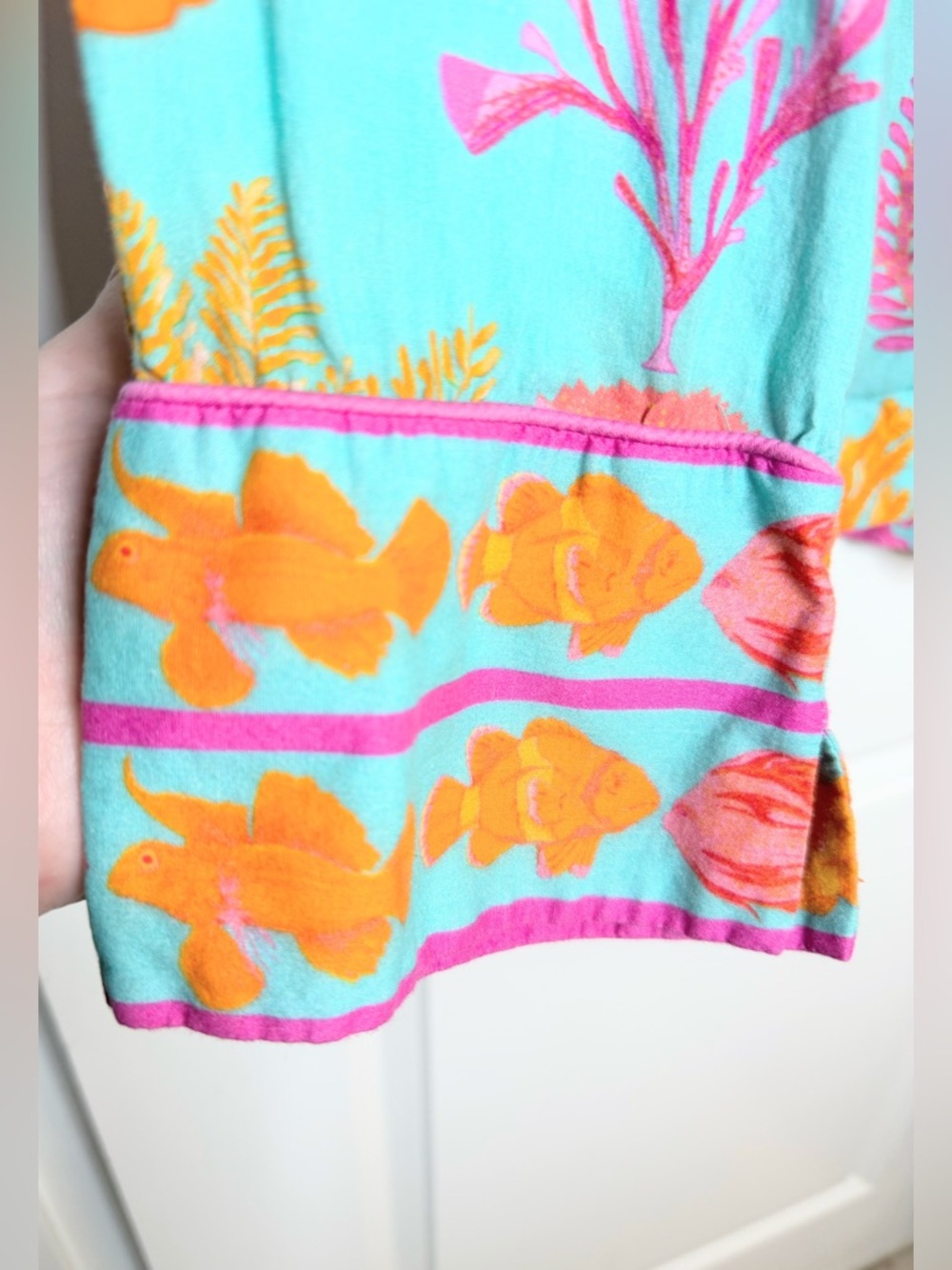Gretchen Scott 2 Pc Set XL Aqua Pink Orange Coastal Print Top Pants Resort - Picture 5 of 11